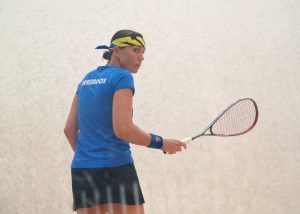 Karen Meakins is a picture of concentration at the 22nd Senior Caribbean Squash Championships.