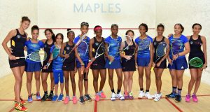 The Barbados girls squash team (in blue) vanquished Guyana 3-2 to claim its 2nd straight team gold medal and 14th in total in 34 years!