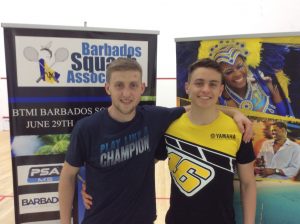 Joe Green (L) reaches his second PSA final and is congratulated by younger brother, Laurence, who had an amazing run through two qualifying rounds and into the main draw, where he upset both the #1 and #7 seeds to reach the semis in his maiden PSA tournament.